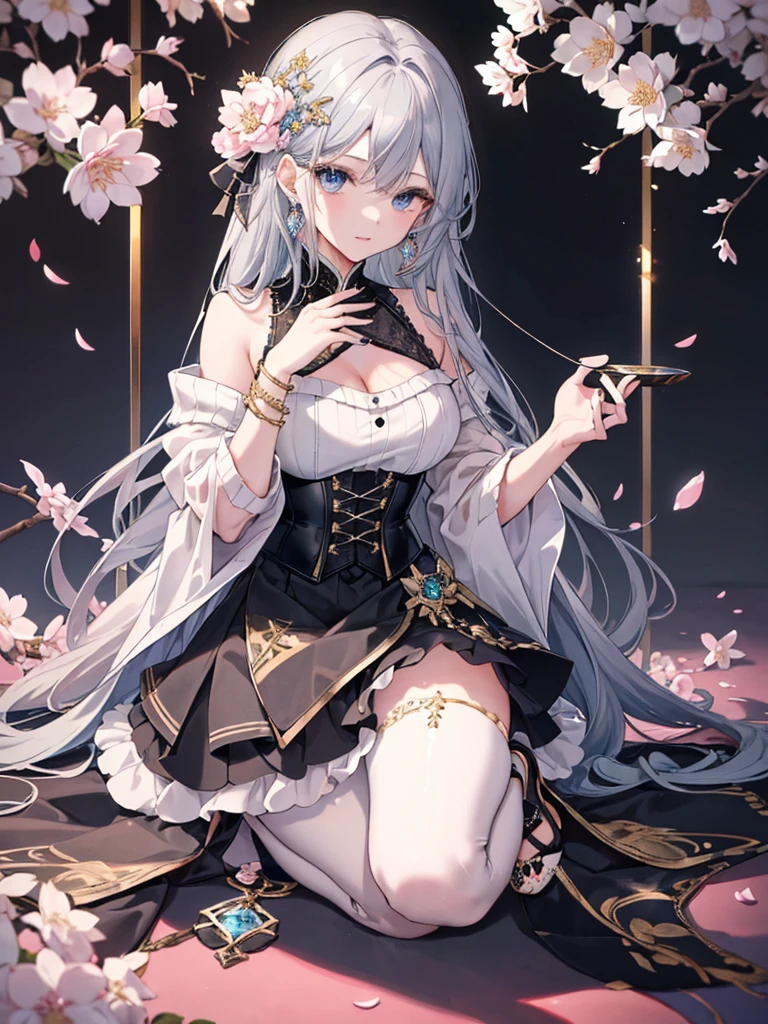 8k,High resolution RAW color art, Anime Art,Silver Marble Skin, (((Highly detailed elegant))), Detailed skin, texture,(Exquisitely crafted, The finer details, Ultra-detailed art), Depth of written boundary, Silky Touch, Hyper Detail, Cool face, eye shadow、(Highest quality:1.2, High detail, masterpiece:1.2, Best aesthetics), (1 Girl), Beautiful woman, Beautiful attention to detail, Beautiful lip detail, Highly detailed face, Delicate depiction of hair and eyes, Detailed Fashion, Blue sparkling eyes, Earrings, Slightly larger breasts,Full body depiction, ,Focus on the user、Stylish white off-shoulder pants、Black above the knee corset skirt、Tights up to the knee、Thighs、Golden decoration, Black nails, Gray Hair, Golden bracelet, Long Straight Hair, Light blue outer color、Hair、sweater、Cherry Blossoms at Night(Lesoonlight、肌面積Lesature)))