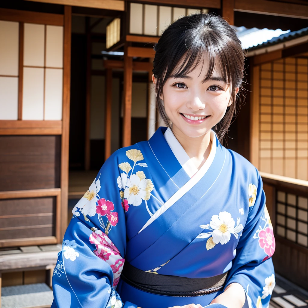 New Year、Congratulations、whole body、一人の日本人のbeautiful女性、Age 25、clear、Pitiful、beautiful、Blue kimono、smile、smile、teeth、background is kyoto