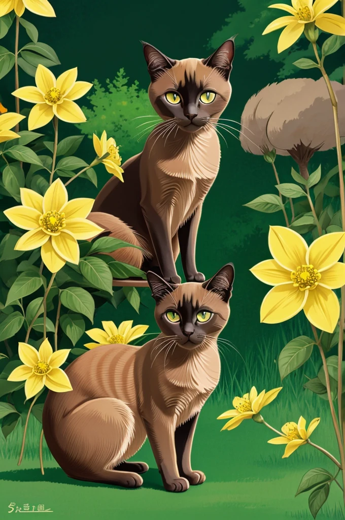 The image of a Siamese cat with yellow flowers in the background , with studio ghibli art style