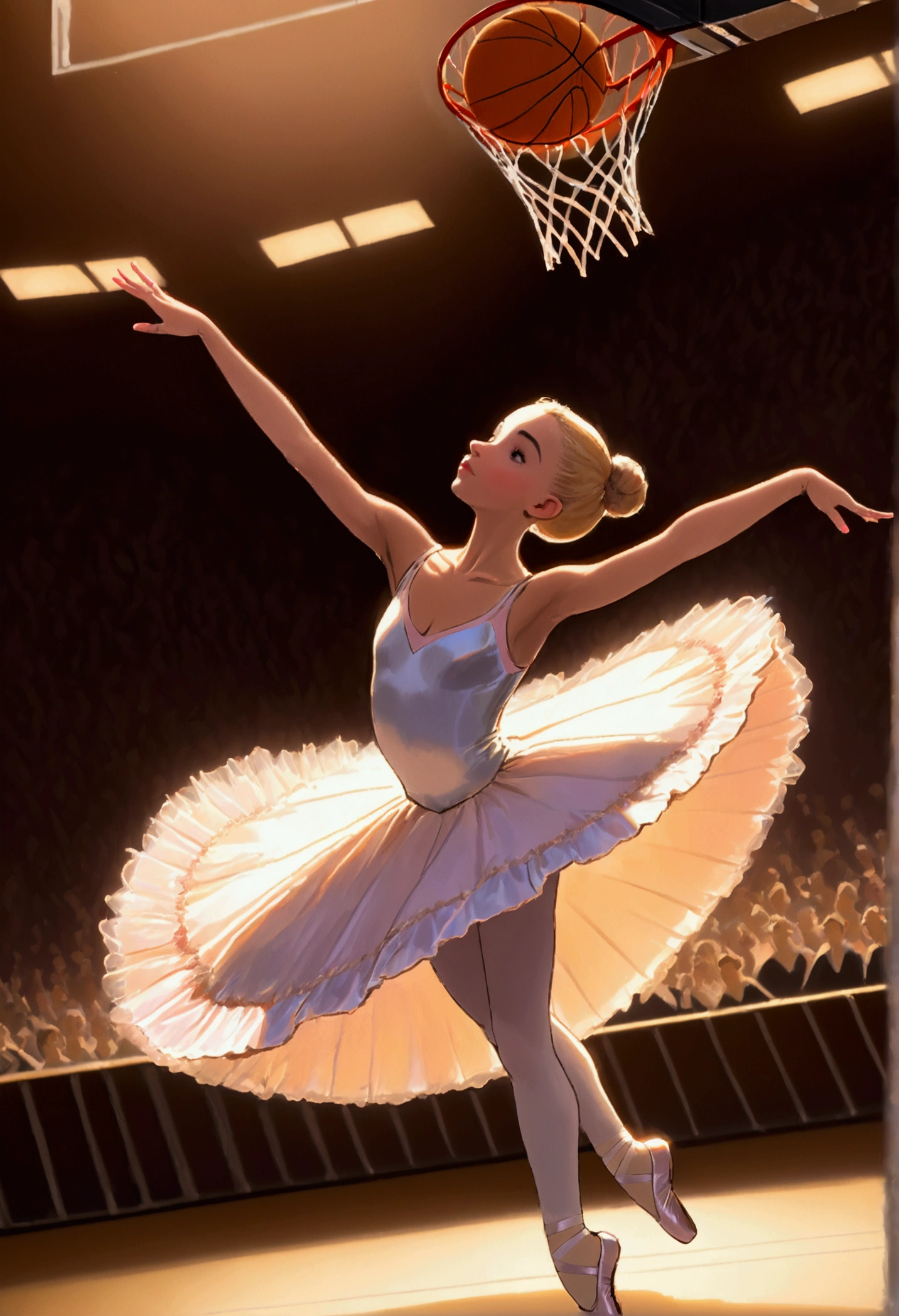 Arafed a sports capture picture of a beautiful ((ballet dancer: 1.5)),  ((dunking at a basketball game: 1.3)) at a basketball game, an exotic beautiful ballet dancer, blond hair, long hair, dynamic eyes color, concentrated look, determined look, best detailed face, dynamic skin color, wearing ballet clothes and shoes, and dunking, ultra wide shot, photorealistic, vibrant, Ultra-high resolution, High Contrast, (masterpiece:1.5), highest quality, Best aesthetics), best details, best quality, highres, ultra wide angle, 16k, [ultra detailed], masterpiece, best quality, (extremely detailed),