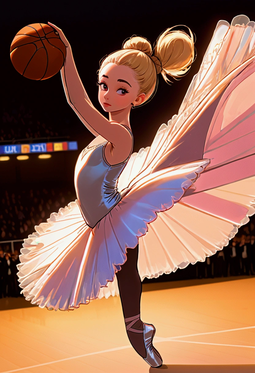 Arafed a sports capture picture of a beautiful ((ballet dancer: 1.5)),  ((dunking at a basketball game: 1.3)) at a basketball game, an exotic beautiful ballet dancer, blond hair, long hair, dynamic eyes color, concentrated look, determined look, best detailed face, dynamic skin color, wearing ballet clothes and shoes, and dunking, ultra wide shot, photorealistic, vibrant, Ultra-high resolution, High Contrast, (masterpiece:1.5), highest quality, Best aesthetics), best details, best quality, highres, ultra wide angle, 16k, [ultra detailed], masterpiece, best quality, (extremely detailed),
