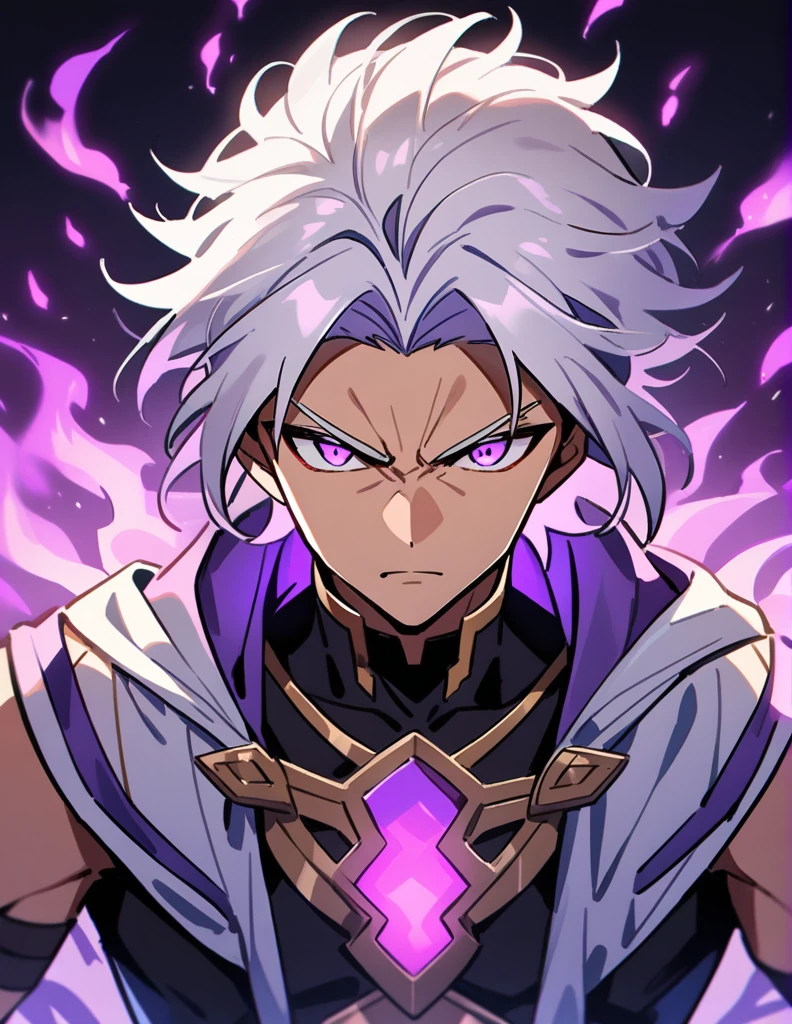 Greek boy with long white hair, serious look, violet eyes, with one of his arms covered in purple fire