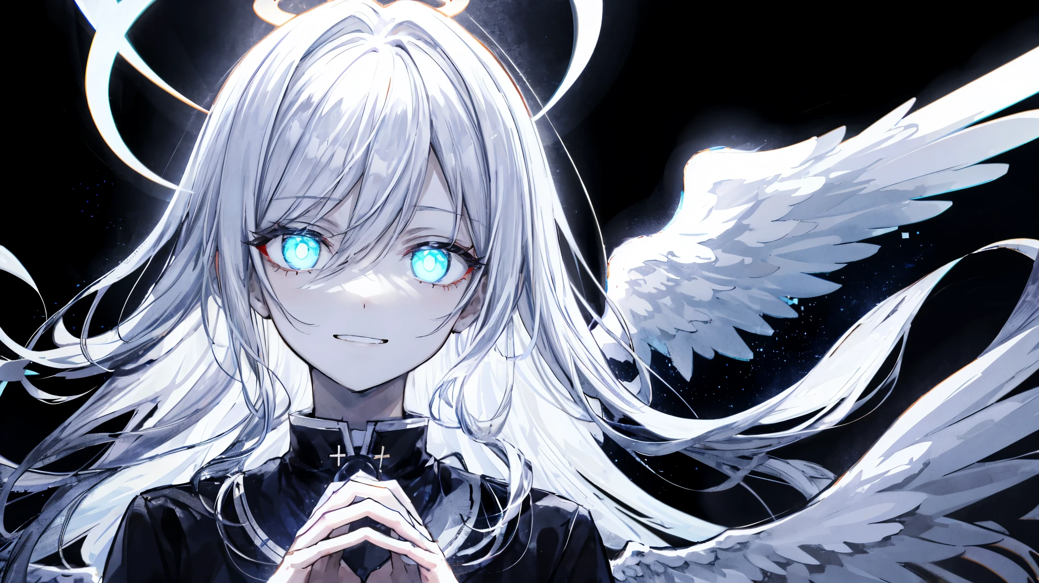 Best Quality、masutepiece、Ultra-detailed、face perfect、Extremely detailed、Extremely delicate、1 boy, (scary), Angel, Gorgios, (white halo), Dark, Glowing eyes, Light blue eyes, Angel wings, holy, , White tunic, two white angel wings, which are full of confidence, Smile, closes mouth、Expressive eyes, collofull eyes, Contrasty, shadowy, masutepiece, Digital Art, Glowing eyes, Intimidating, corrupted, Demonic, Abstract background, white, black and light blue、Floating a white shining star in both hands、fear、