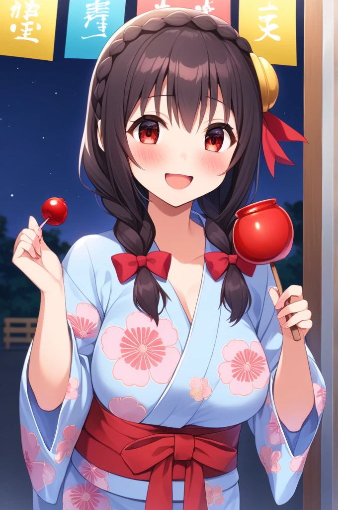 alone, One girl、Crown braids in the same color as your hair, hair ornaments, Hair Ribbon,(A light blue kimono with a red floral pattern and a red obi.)、Red Eyes、Black Hair、(blush:1.5)、(Happy face:1.4)、Larger breasts、Eating a candy apple、The background is a night stall