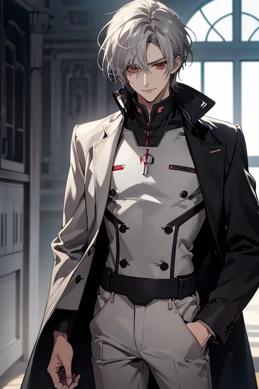 (Confused, High resolution, Very detailed), 1 male, Silver Hair,Shortcuts,Looks soft,Wavy Hair,Short Hair,Deep red eyes,White and black pilot suit,24th generation,beauty,mature,thin,quiet,Calm,A small smile,,Long coat,Slender and thin,skinny pants,grassland,tall,