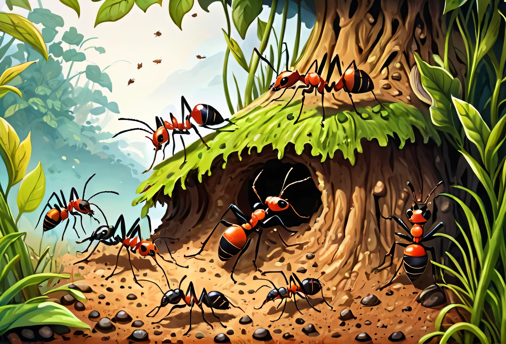 Illustrations of ant hill, with different ants inside carring out different tasks different tasks, underground, masterpiece best quality:1.2) delicate illustration ultra-detailed, illustrations, bright, colourful, 