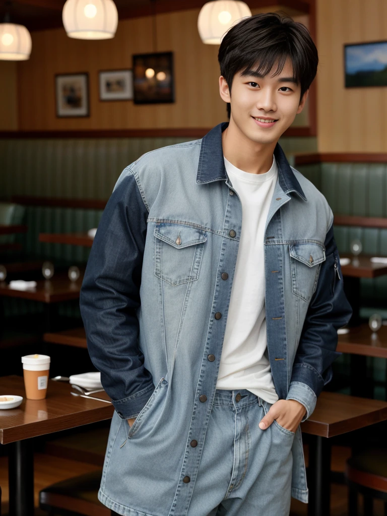独奏: 1.5, (As a matter of fact, Masterpiece, 8k HD, good light quality, sportswear, fit the face, complicated details), A handsome Korean young man with muscular arms. , 20 years old, be happy, smile brightly, detailed face, delicate eyes, look at the sky, Wear a navy tight T-shirt.:1.6 ,Wear a denim coat., jeans period, black eyes, Black hair color, ผมsmooth, smooth,Surreal,Awesome details,Highest quality,real,Open your mouth to talk. , Close your eyes., (Standing in a restaurant:1.5)