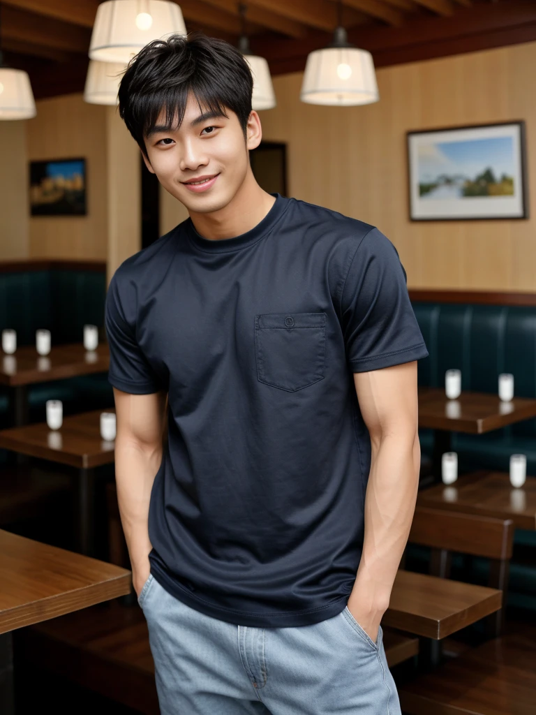 独奏: 1.5, (As a matter of fact, Masterpiece, 8k HD, good light quality, sportswear, fit the face, complicated details), A handsome Korean young man with muscular arms. , 20 years old, be happy, smile brightly, detailed face, delicate eyes, look at the sky, Wear a navy tight T-shirt.:1.6 ,Wear a denim coat., jeans period, black eyes, Black hair color, ผมsmooth, smooth,Surreal,Awesome details,Highest quality,real,Open your mouth to talk. , Close your eyes., (Standing in a restaurant:1.5)
