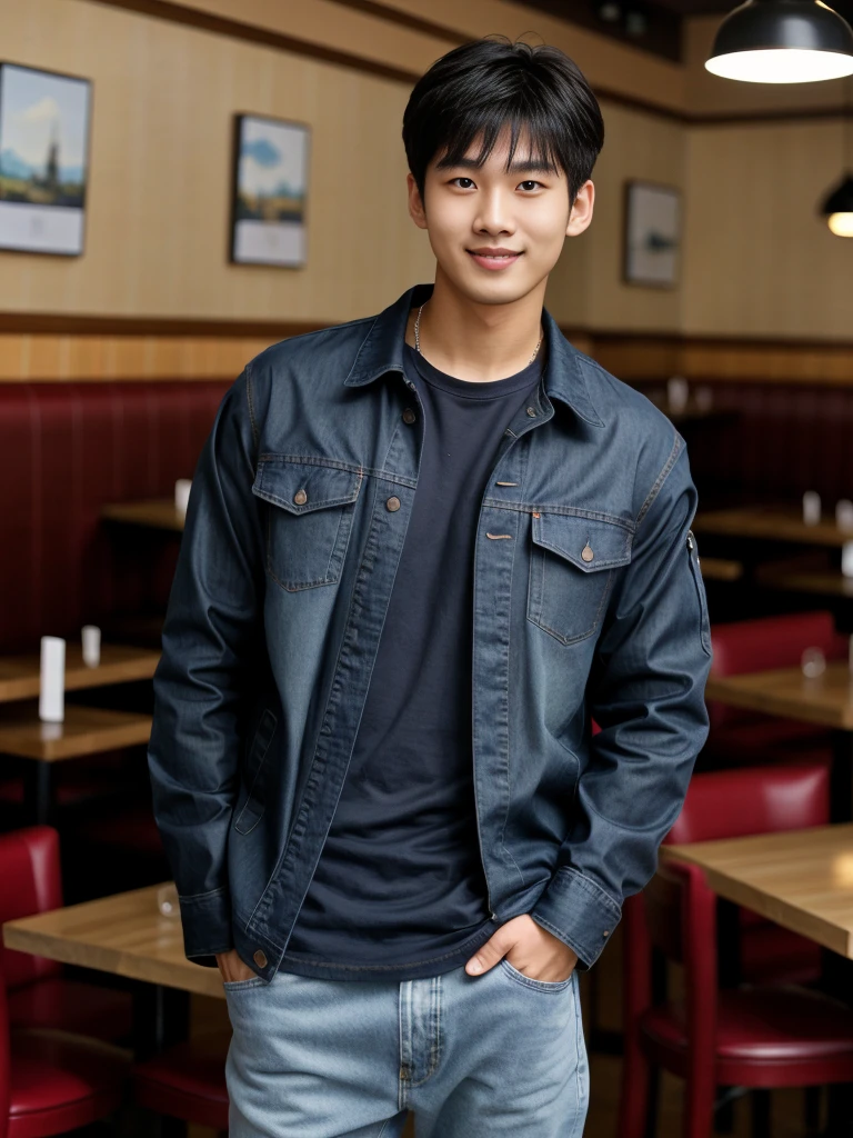 独奏: 1.5, (As a matter of fact, Masterpiece, 8k HD, good light quality, sportswear, fit the face, complicated details), A handsome Korean young man with muscular arms. , 20 years old, be happy, smile brightly, detailed face, delicate eyes, look at the sky, Wear a navy tight T-shirt.:1.6 ,Wear a denim coat., jeans period, black eyes, Black hair color, ผมsmooth, smooth，Surreal，Awesome details，Highest quality，real，Open your mouth to talk. , Close your eyes., (Standing in a restaurant:1.5)