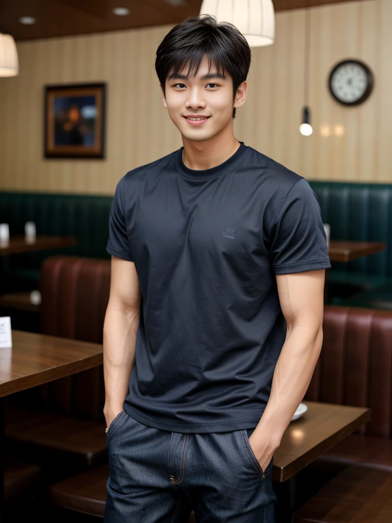 独奏: 1.5, (As a matter of fact, Masterpiece, 8k HD, good light quality, sportswear, fit the face, complicated details), A handsome Korean young man with muscular arms. , 20 years old, be happy, smile brightly, detailed face, delicate eyes, look at the sky, Wear a navy tight T-shirt.:1.6 ,Wear a denim coat., jeans period, black eyes, Black hair color, ผมsmooth, smooth，Surreal，Awesome details，Highest quality，real，Open your mouth to talk. , Close your eyes., (Standing in a restaurant:1.5)