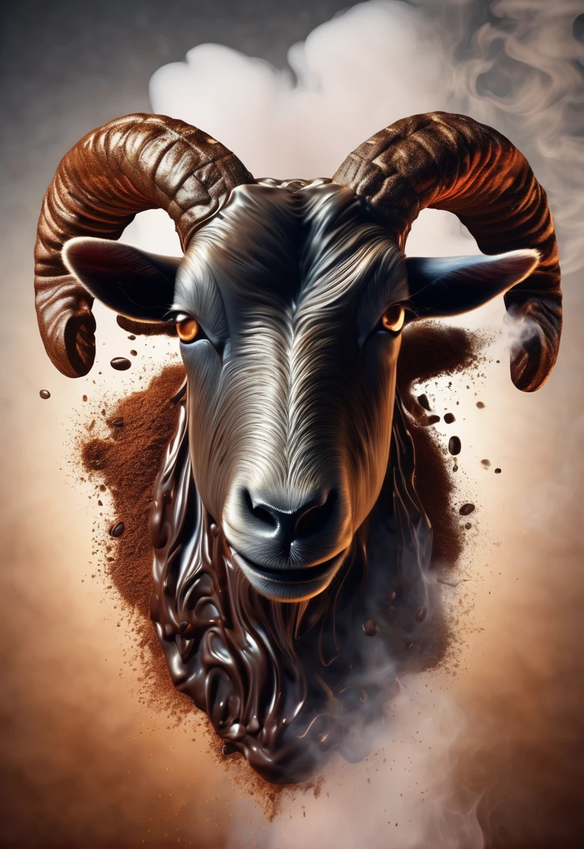 Macro Realism, Coffee Steak With smoke in the shape of a goat, high definition, 3D, background goat,
