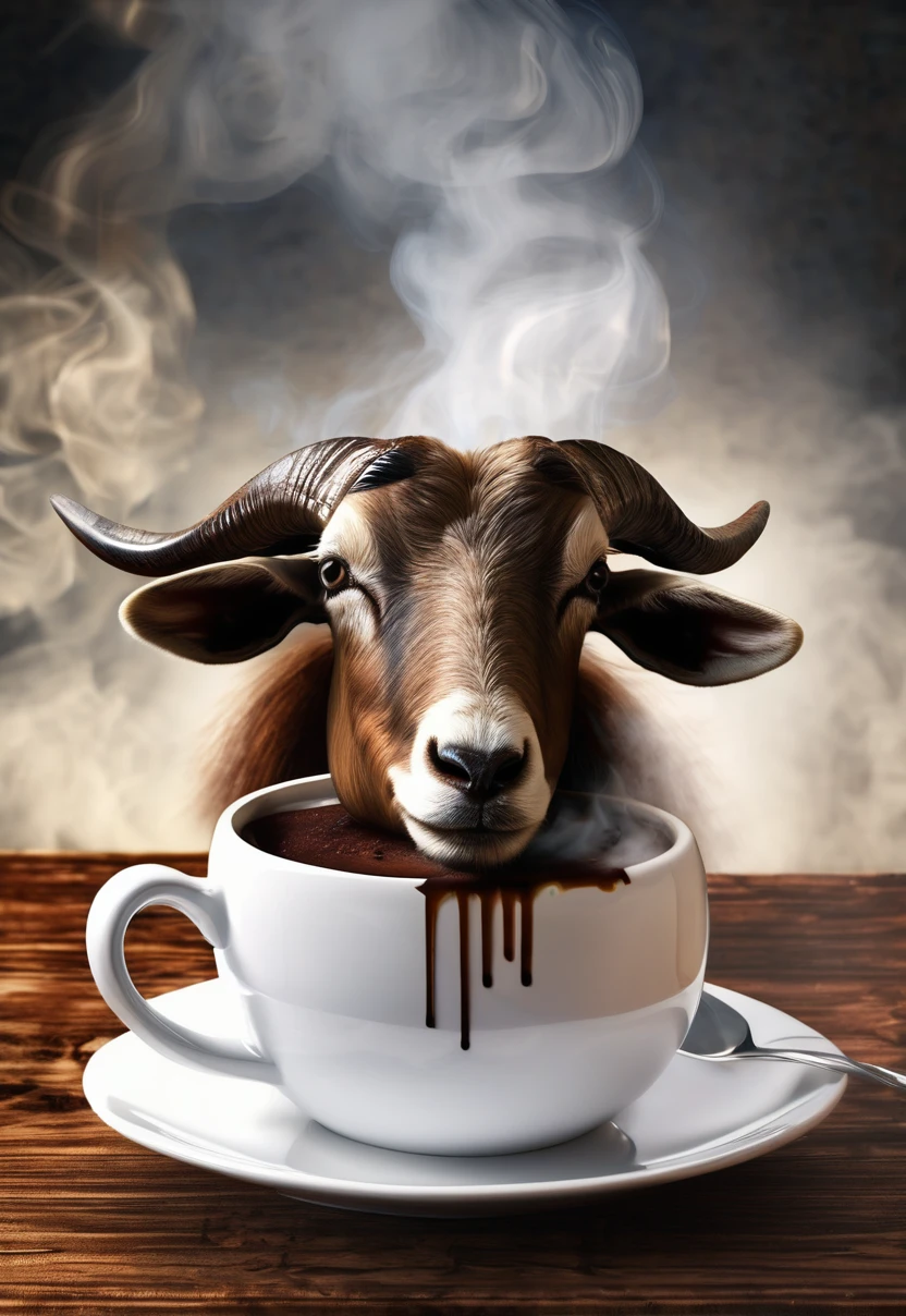 Macro Realism, Coffee Steak With smoke in the shape of a goat, high definition, 3D, background goat,