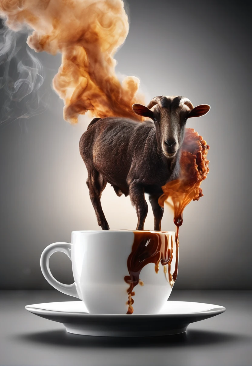 Macro Realism, Coffee Steak With smoke in the shape of a goat, high definition, 3D, background goat,