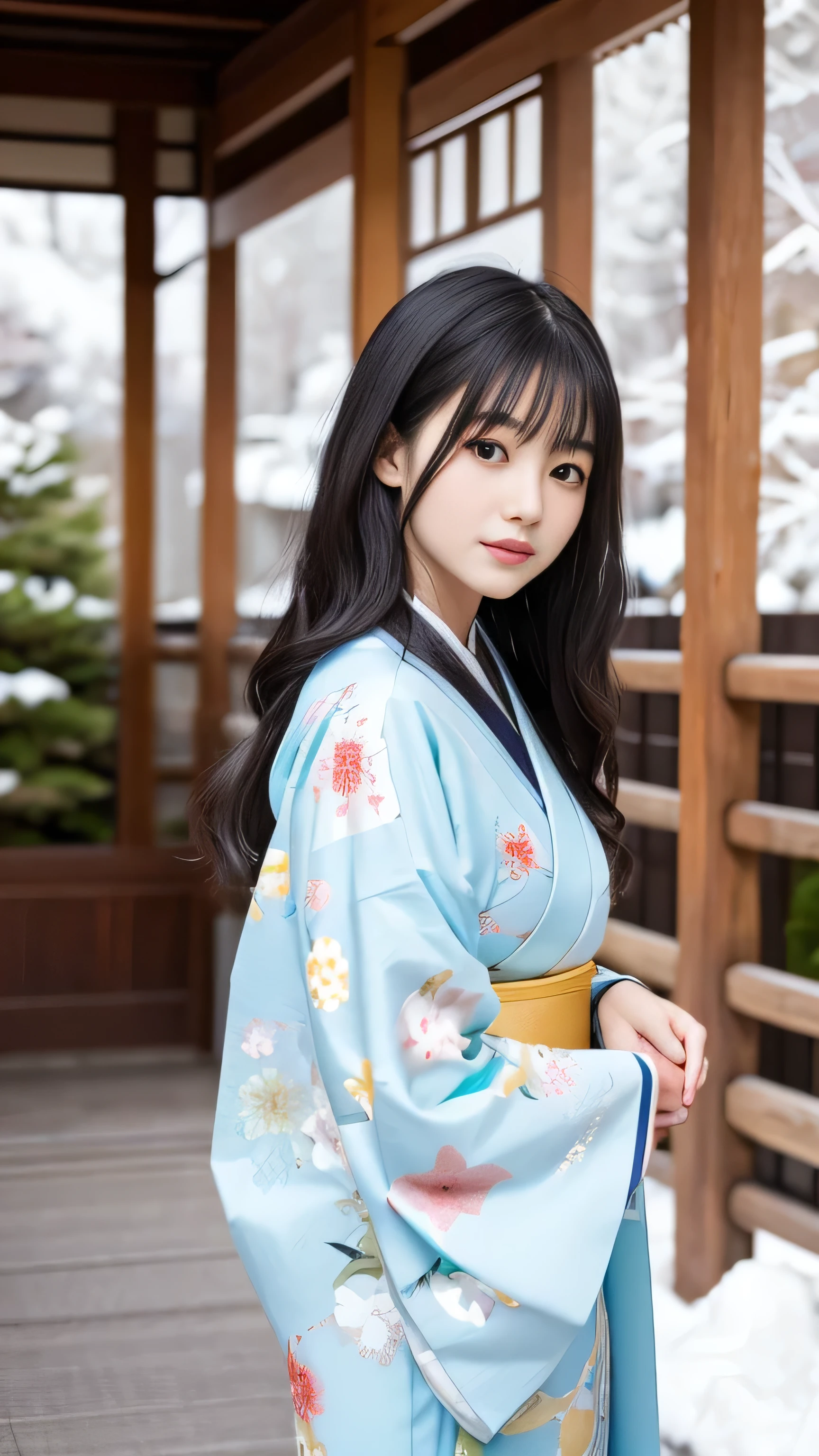 Create an image of a 21-year-old Japanese girl named Kotone visiting Motsu-ji Temple in Hiraizumi, Iwate. She has very long, perfectly straight black hair that reaches down to her waist, with bangs that cover her forehead. Her eyes are large, enchanting, and have a double eyelid, giving them a captivating look. She has a delicate and youthful face with snow-like white skin that is smooth and flawless. Kotone is wearing an elegant traditional kimono with a modern twist, featuring vibrant colors and patterns. She is standing near the temple's garden, looking serene and graceful as she admires the beautiful surroundings.