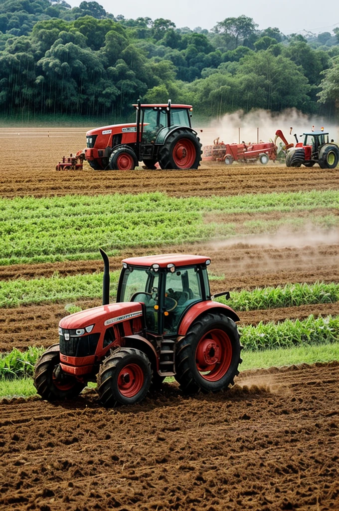 Many people watching tractor ploughing the field in rainy season