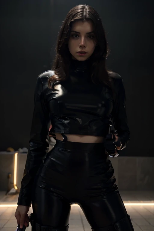 1 woman, in a sleek black leather outfit, holding a colorful water gun, intense expression, cinematic lighting, hyperrealistic,  8k resolution, masterpiece