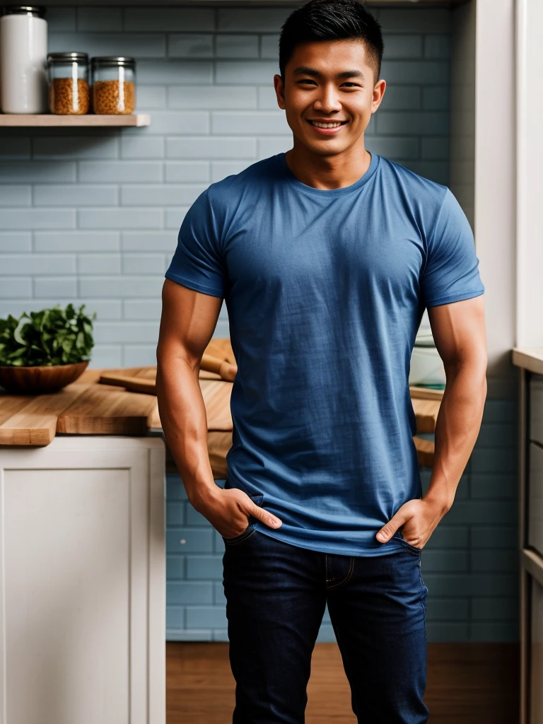 Thai man ,man ,(Blue T-shirt:1.5) ,Jeans ,He is about 30 years old..，Rough and handsome appearance，large breastsj，Big waistline，buzz cut, angry, sullen, best quality, Masterpiece，（Have muscles：4.5），(best quality,high resolution,Masterpiece:1.2),The eyes are natural and delicate..,1 person,alone,gay asian,muscle,Long legs,brave,short hair details,conjunctivitis ,strong,brown eyes, (standing in the kitchen:1.5)，in the market，sitting on the table ,smile