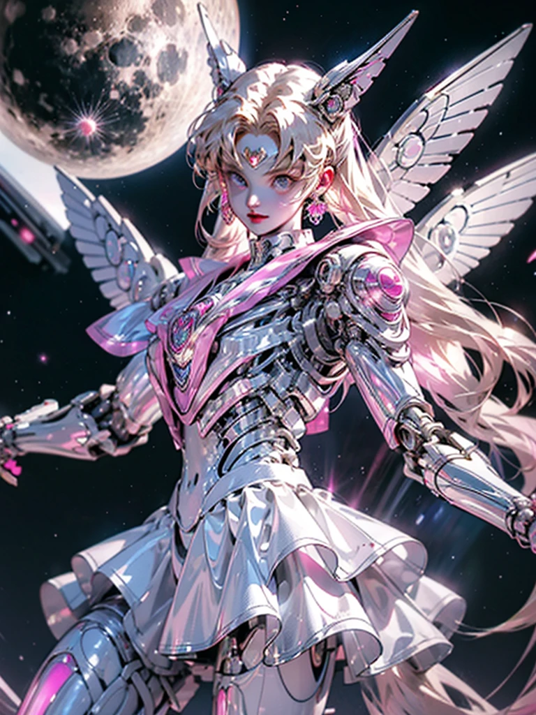 1 mechanical girl: 1.4, Sailor Moon, white mechanical arm, humanoid body, pink sailor suit, good-looking face, sailor Moon, moon hare, rabbit ears, mechanical ears, white blouse, blonde hair, mechanical arm, pink skirt, side, heart-shaped robot in the background, sci-fi background, complex background, hair glowing hair, forehead hair light, moon, panorama, mechanical wings, large wings in the background
