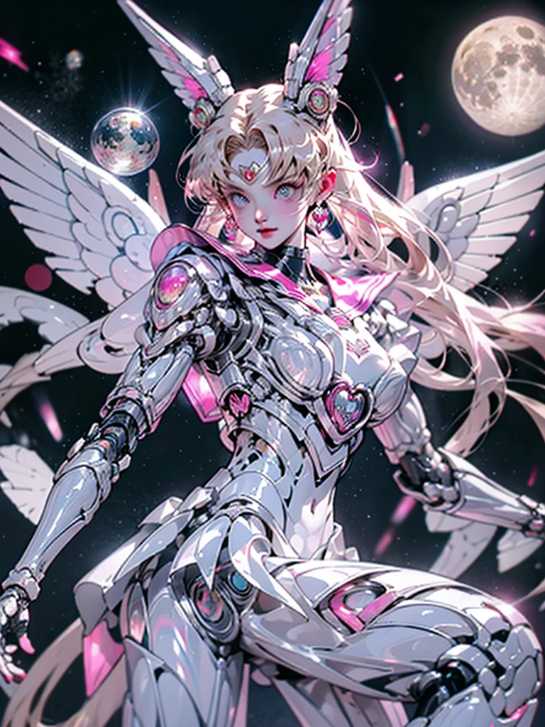1 mechanical girl: 1.4, Sailor Moon, white mechanical arm, humanoid body, pink sailor suit, good-looking face, sailor Moon, moon hare, rabbit ears, mechanical ears, white blouse, blonde hair, mechanical arm, pink skirt, side, heart-shaped robot in the background, sci-fi background, complex background, hair glowing hair, forehead hair light, moon, panorama, mechanical wings, large wings in the background