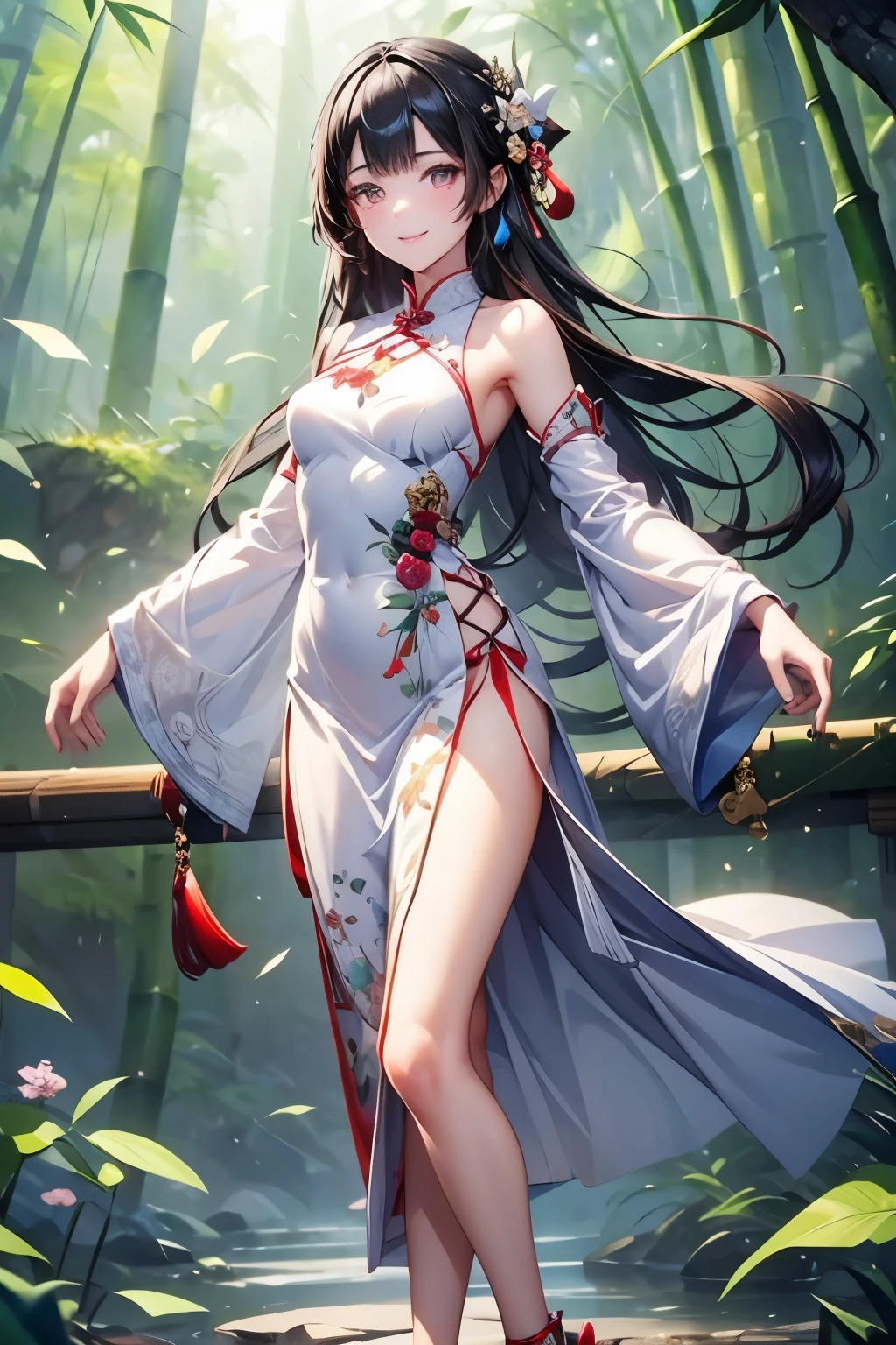 masterpiece,Highest quality,Very detailed,beautiful girl,Beautiful white patterned Chinese dress,Exercise martial arts,Fearless smile, teenager,Black Hair,Beautiful and detailed eyes,skinny,Small breasts, full body,Dynamic,bamboo forest