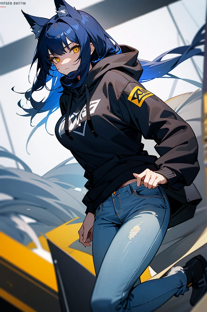 A wolf-like woman with dark blue hair, yellow eyes, long hair, a hoodie, and long jeans.