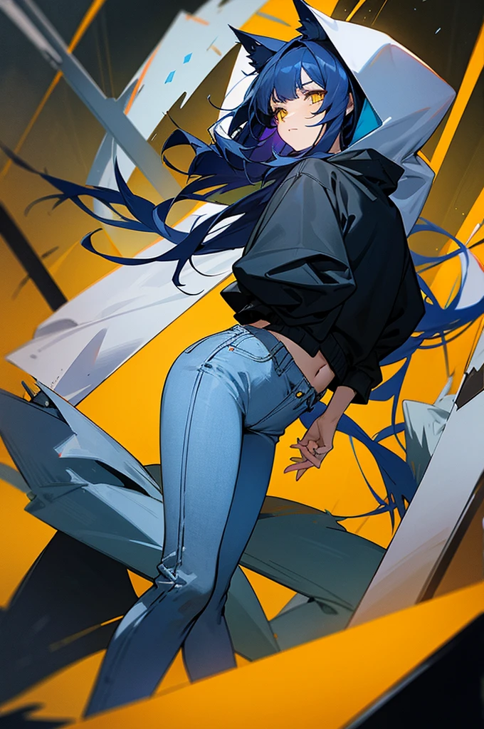 A wolf-like woman with dark blue hair, yellow eyes, long hair, a hoodie, and long jeans.