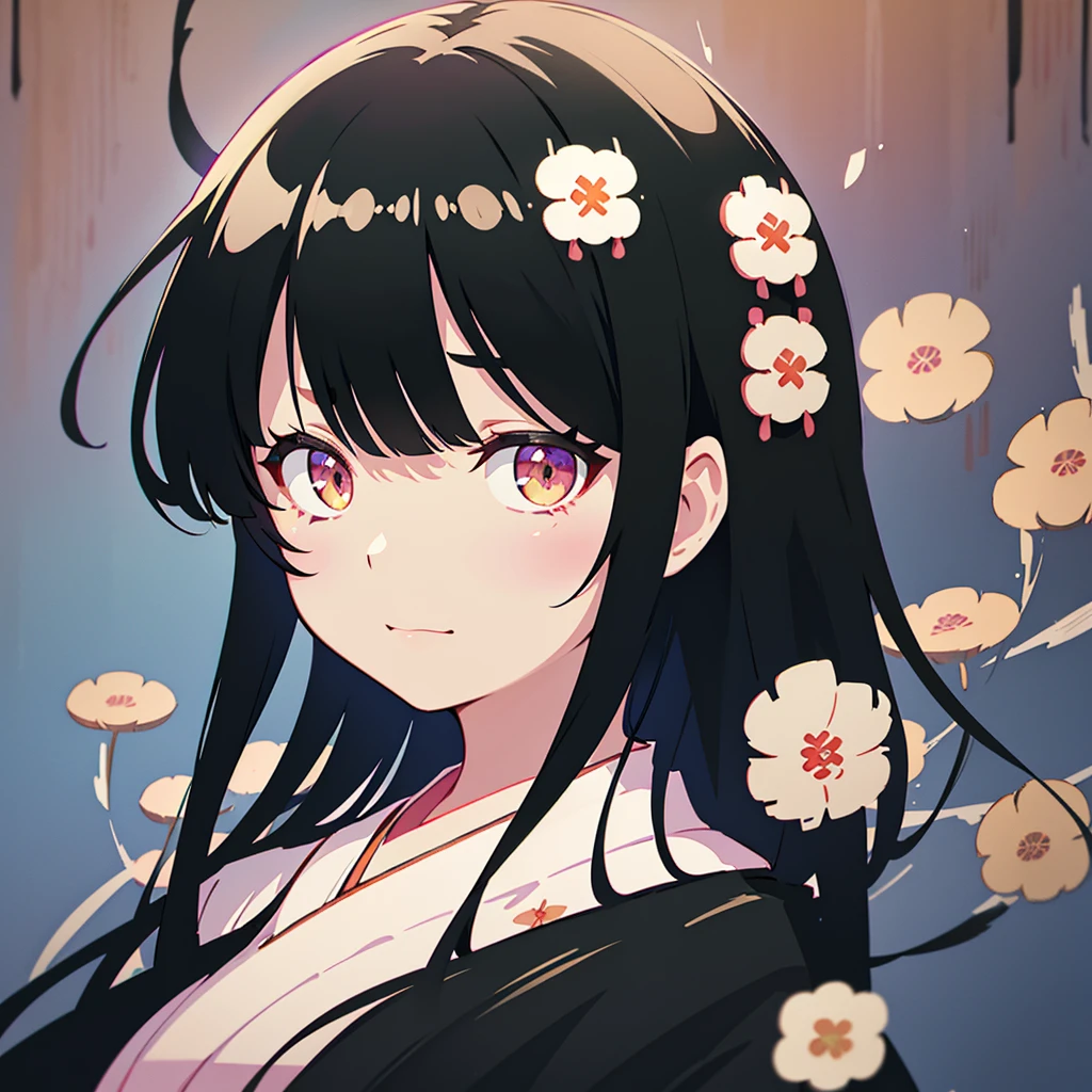 Official art using high quality hand-drawn watercolor sketch techniques. (Highest quality, 32k, High resolution, Masterpiece:1.5, ), Anime Style, god々Anime illustrations with a dazzling and healing power, Evoking a sense of calm and elusive beauty, Expressing emotions, Have a rich imagination,Beautiful Japanese Girls, An exceptionally beautiful face, Small Face Beauty, Perfect Human Anatomy, Magical big eyes, Motherhood and generosity, Deep Love, fleeting smile, ((Shiny black hair:1.1)), ((Upset)), Asymmetrical bangs, Hair between the eyes, Transparent, soft white skin, Sharp eyebrows, Thin lashes, Natural Makeup, Cheek highlighter, Pale pink detailed lips, ((Traditional Japanese Kimono:1.5))