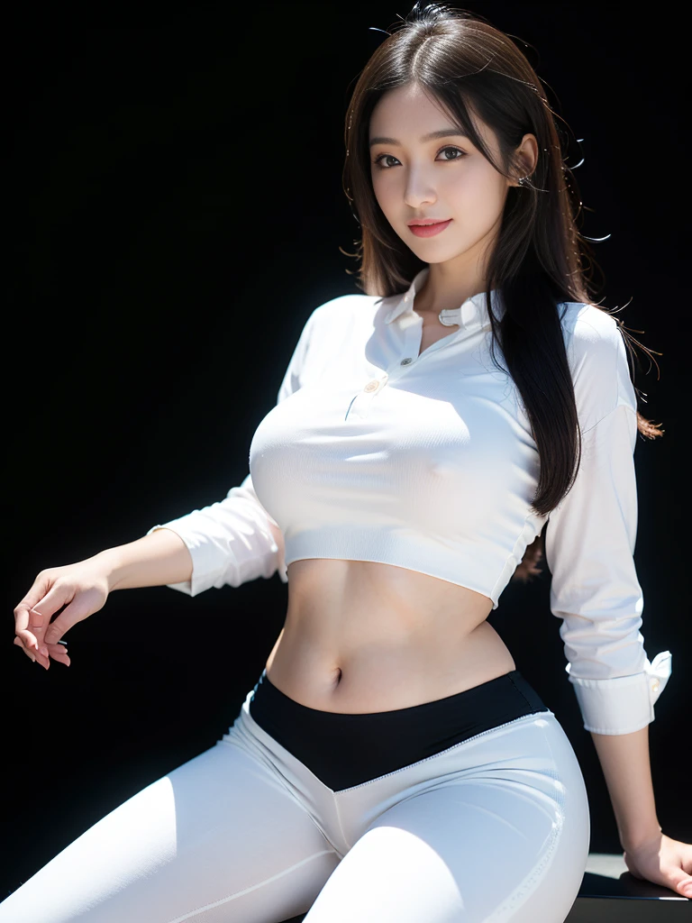 (highest image quality:1.35), high quality, Realistic photo, (A beautiful woman:1.33), beautiful expression, (delicate eyes:1.3), (delicate face:1.3 ), Smile, (slick hair:1.2), Super detailed , high resolution, athletic figure, (big breasts:1.25), (long hair:1.2), (beautiful woman), ( Cute navel:1.2), (Depth of field f/1.8:1.45 ), sharp focus, original photo , (Thin white shirt:1.45), (Thin black pants:1.4), (Thin tight bloack pants: 1.4 ), (Thick thighs:1.5), (Forward:1.25), (cowboy photo: 1.4), (Sports, black background :1.4 ), (black background:1.5 ),