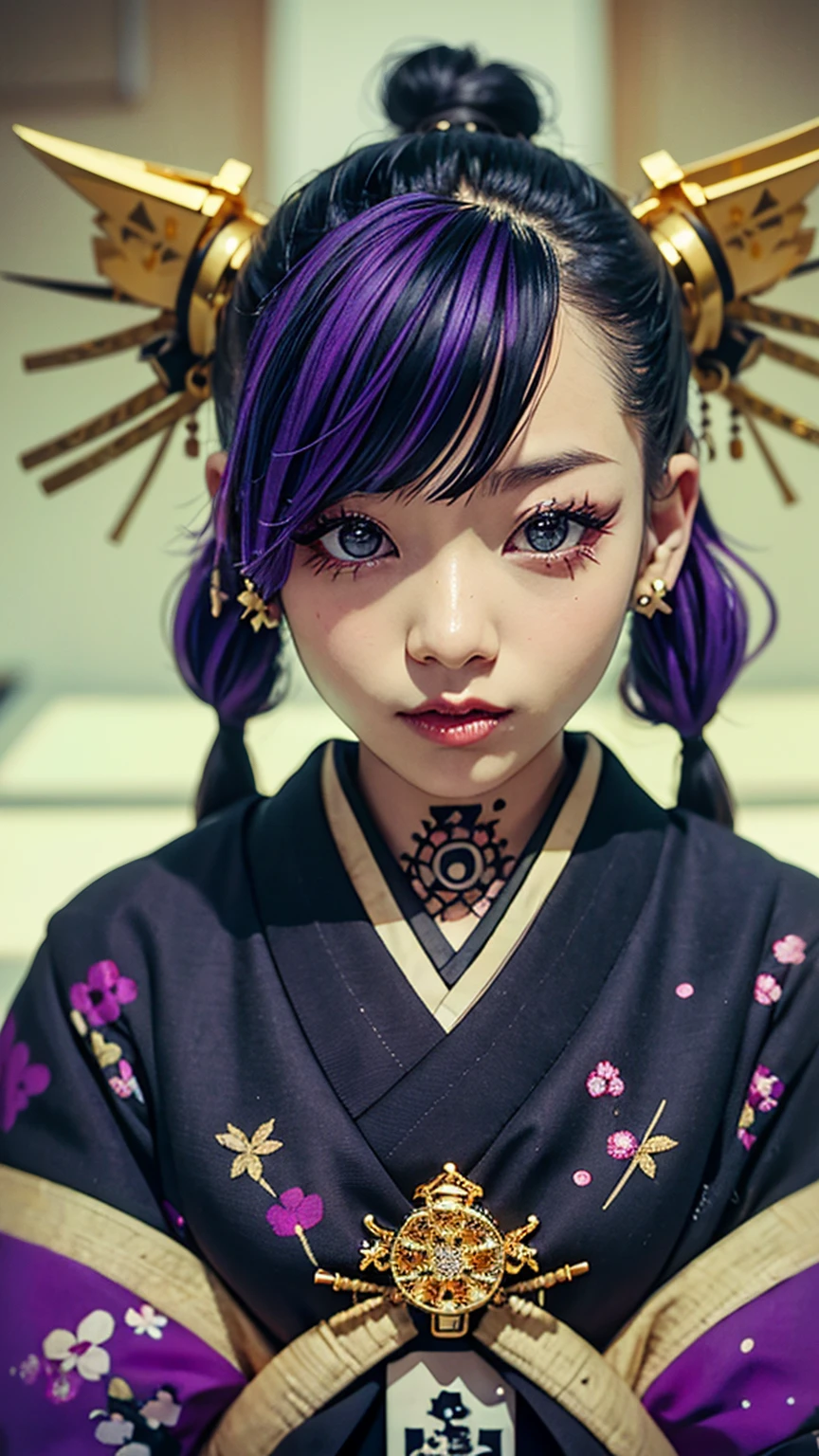 masterpiece, Highest quality, A solemn Japanese-style room with tatami mats, A large photograph of a woman from head to waist, (Close up on face:1.5), (Punk rock kimono, black地に赤+gold:1.3), Squatting and spreading legs, Open your mouth, Glare from below, (black+Purple hair color, Mid-length hair, Twin tails), (blackい瞳, Sparkling eyes), (Long eyelashes, Eyelash extensions)