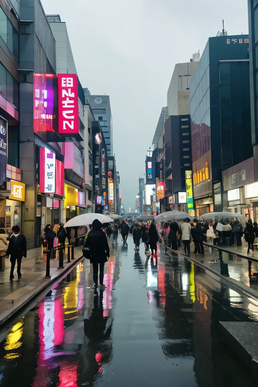 seoul city center at night, raining, high buildings, futuristic