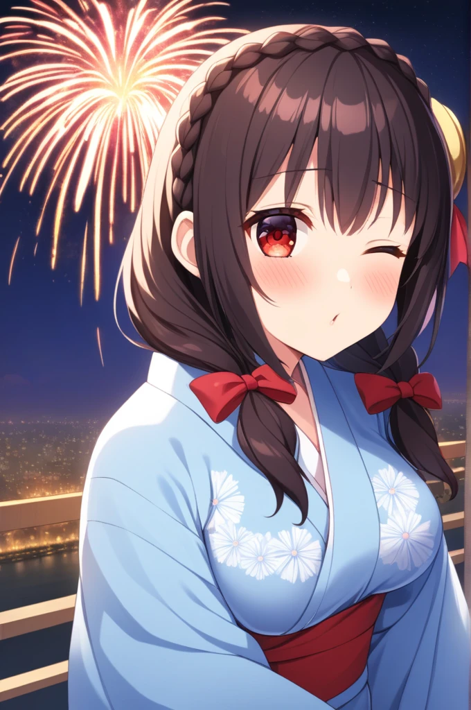alone, One girl、Crown braids in the same color as your hair, hair ornaments, Hair Ribbon,(A light blue kimono with a red floral pattern and a red obi.)、Red Eyes、Black Hair、(blush:1.5)、(With eyes closed, kissing the viewer:1.6)、Larger breasts、The background is fireworks at night
