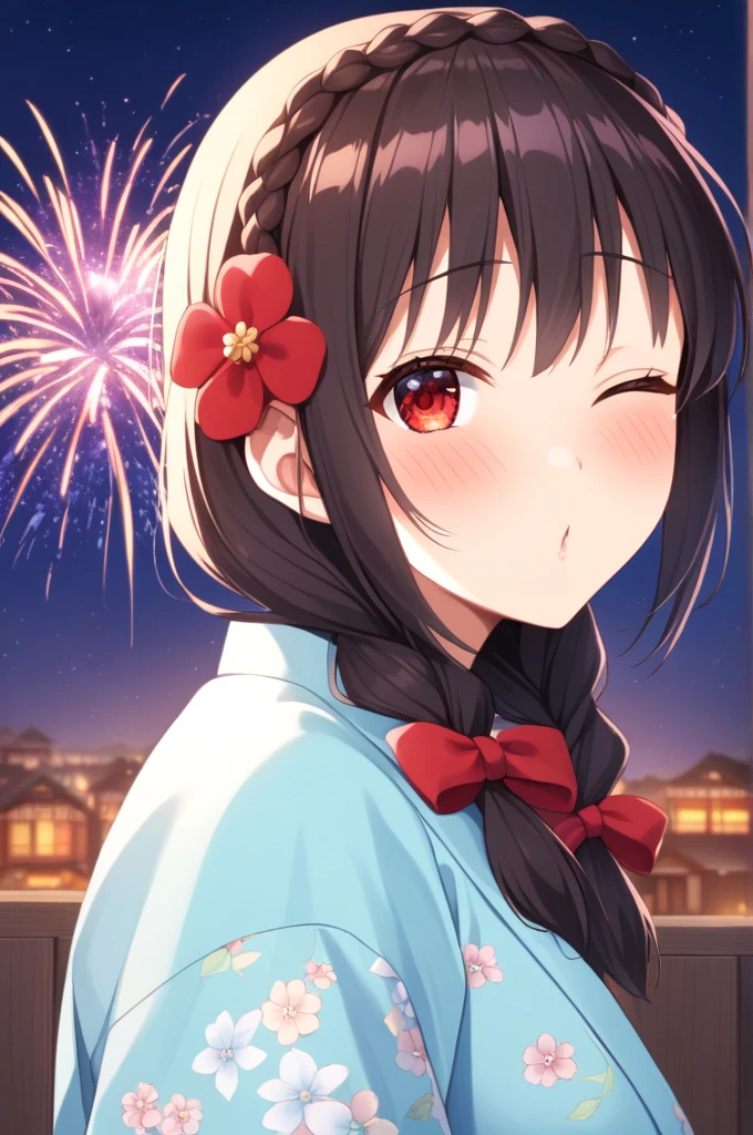 alone, One girl、Crown braids in the same color as your hair, hair ornaments, Hair Ribbon,(A light blue kimono with a red floral pattern and a red obi.)、Red Eyes、Black Hair、(blush:1.5)、(With eyes closed, kissing the viewer:1.6)、Larger breasts、The background is fireworks at night