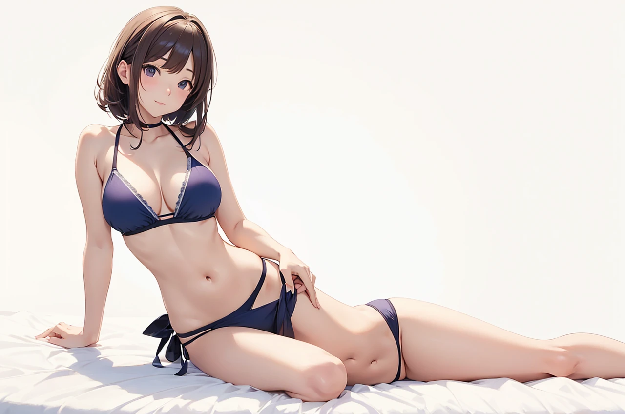 Alisa Ayase in a bikini laying down on her side poseing with her arm for support