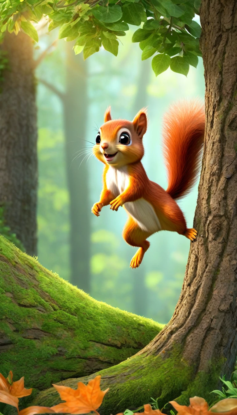 a scene where a squirrel tries to jump from tree to tree, but fails to land on the tree and falls, in the forest, big eyes, cute, fairy tale, ((top quality)), ((masterpiece)), ((realistic, digital art)), (super detail),DonMBl00mingF41ryXL estate, ray tracing, high res, 8k
