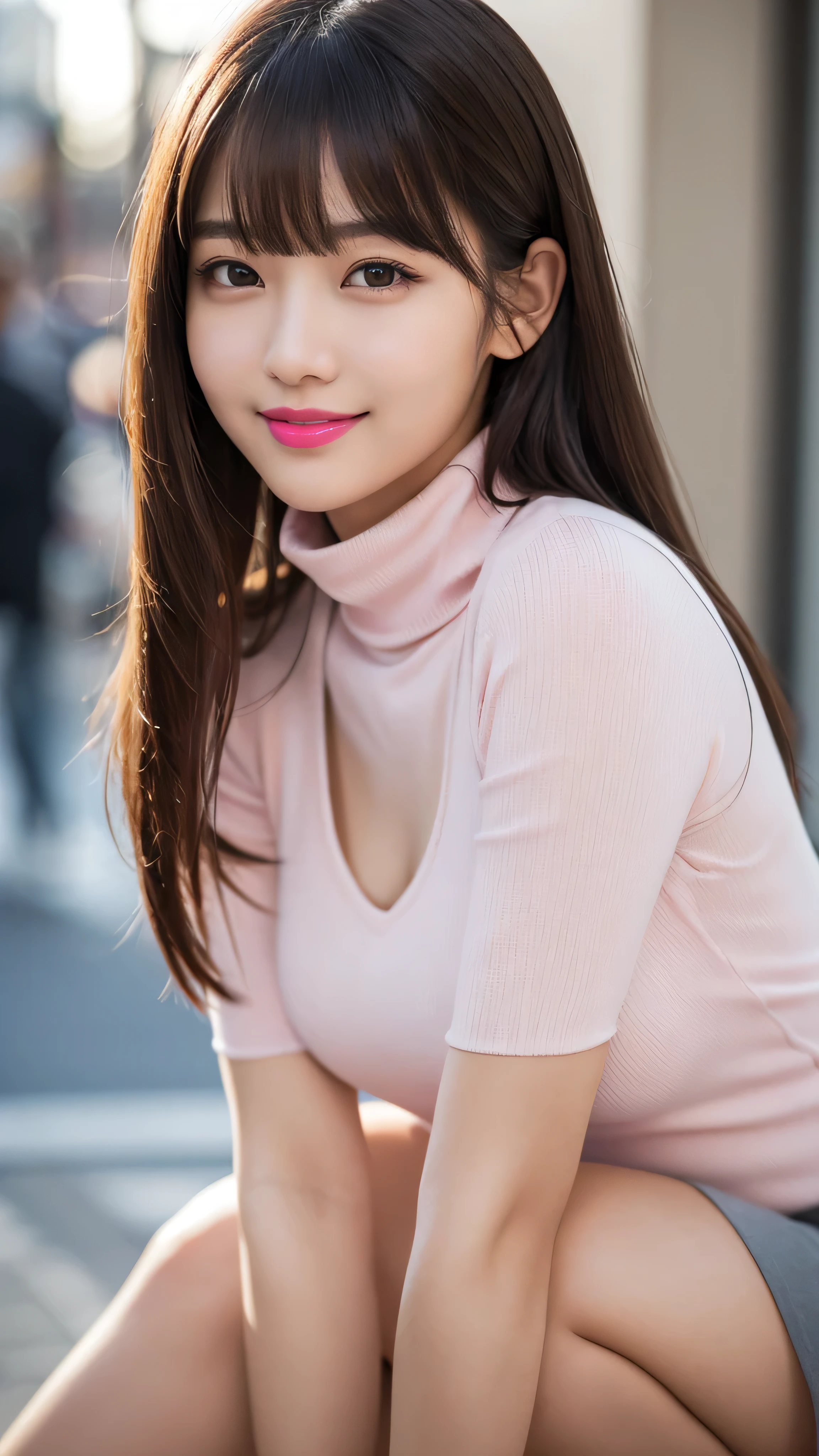 No sleeve, White sheer turtleneck shirt、Tight skirt with lots of debris:1.3)). 40k, photograph, masterpiece, Highest quality, Dark Gray Background, ((beautiful girl)), ((E Cup)), perfectionな顔, perfection , ((E Cup)), ((smile、1 girl with brown eyes and beautiful light black hair)). Beautiful Japanese Women,Very white skin, . Highly detailed face, fine grain, Embarrassing, smile, summer, Daytime, whole body, (Golden ratio face、plump lower lip、Pink Lips:1.4)、fine grain、Detailed nose、Fine ears、Wet and glossy lip detail、,(CG Unity 8k high resolution wallpaper), Complex, Attention to detail, Sharp focus, dramatic, beautiful girl, (Brown Hair、Blunt bangs, long hair、Beautiful legs