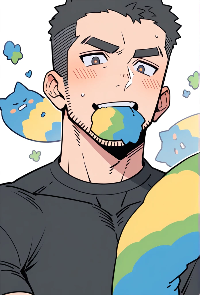 anime characters：Priapus, Muscle Sports Student, Buzz Cut, Manliness, male focus, Dark black tight T-shirt, Very tight, Sweat soaks clothes, full and perky  muscles, muscular male, muscular, only, Upper body, alone, Black short hair, Thick eyebrows, stubble, Brown-red pupils, White background, simple background, amazing quality, best aesthetics, Ridiculous, crew cut, blush, mouth hold, Biting a white cotton towel in the mouth, embarrassed, shy, endured face, negative space, best quality