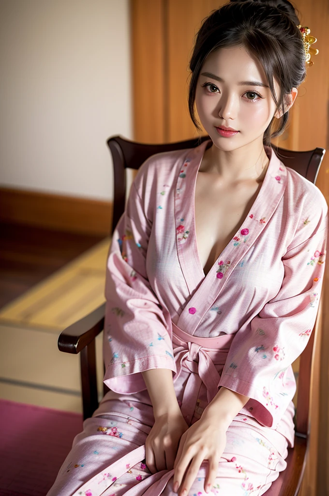 (yinchuan:1.5), close-up, masterpiece, best quality, raw photo, photorealistic, big breasts, beautiful face, soft smile, 26 year old girl, light pink yukata, floral yukata, sitting on a chair, pretty legs visible, night, depth of field, high resolution, ultra detail, fine detail, highly detailed, very detailed eyes and face, sharp pupils, realistic pupils,medium breast