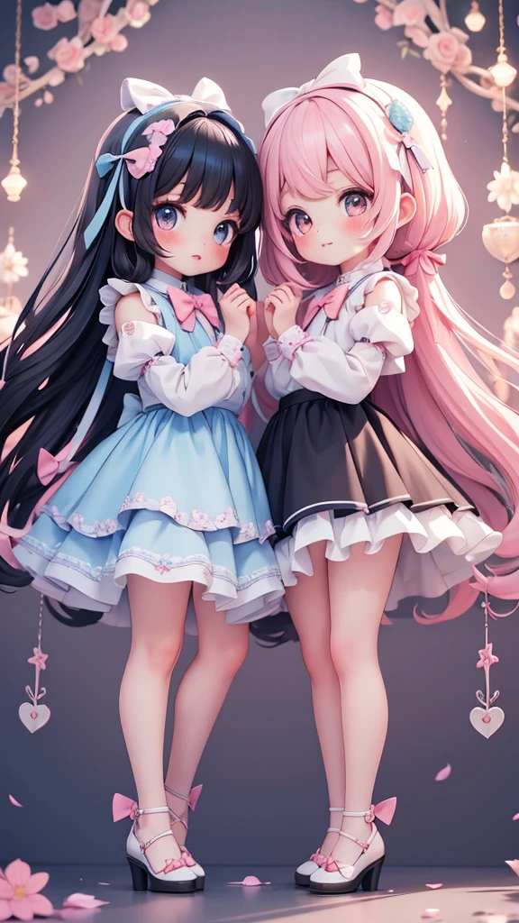 ((petite bishojo, little 2girls)), ((cute  face)), ((cute puffy eyes)), ((masterpiece)), ((best quality)), ((ultra detailed)), ((exquisite)), ((8k)), ((crisp)), ((depth)), ((beautiful and aesthetic)), (super detailed skin), ((high standard)), ((highres)), ((perfect anatomy)), (full body), (blush), (lipstick), (wee little jk), (bow in hair), (kawaii pose), (perfect fingers), (white, blue, black)