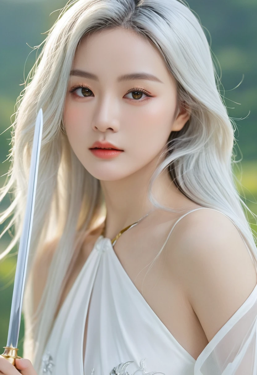 Beautiful Empress, crystal clear skin, Beautiful appearance, Her eyes are full of wisdom, As if seeing through everything in the world, Wearing a gorgeous white robe, Holding a long sword, The robe flutters in the breeze,Silver hair flutters in the wind, The white robe perfectly outlines the graceful figure, Personable、Country style, Like a flawless fairy
