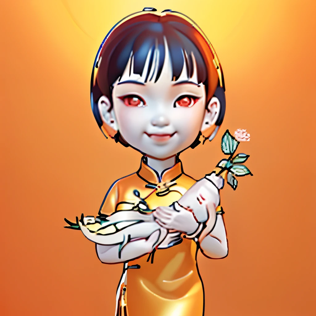 A Chinese girl，Wearing orange cheongsam，Holding a golden ginseng in hand，3D Rendering，Solid color background