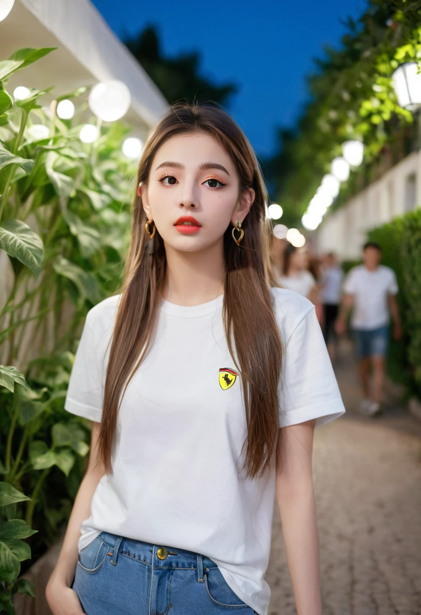 Top quality, masterpiece, Ultra HD, (real: 1.4), original photo, (Street at night), 1 girl, black eyes, Looking at the audience, Long hair, Light makeup, Lips, Small ears, White T-shirt, Denim shorts, earrings, Seated Ferrari,, Slim, Neat, garden