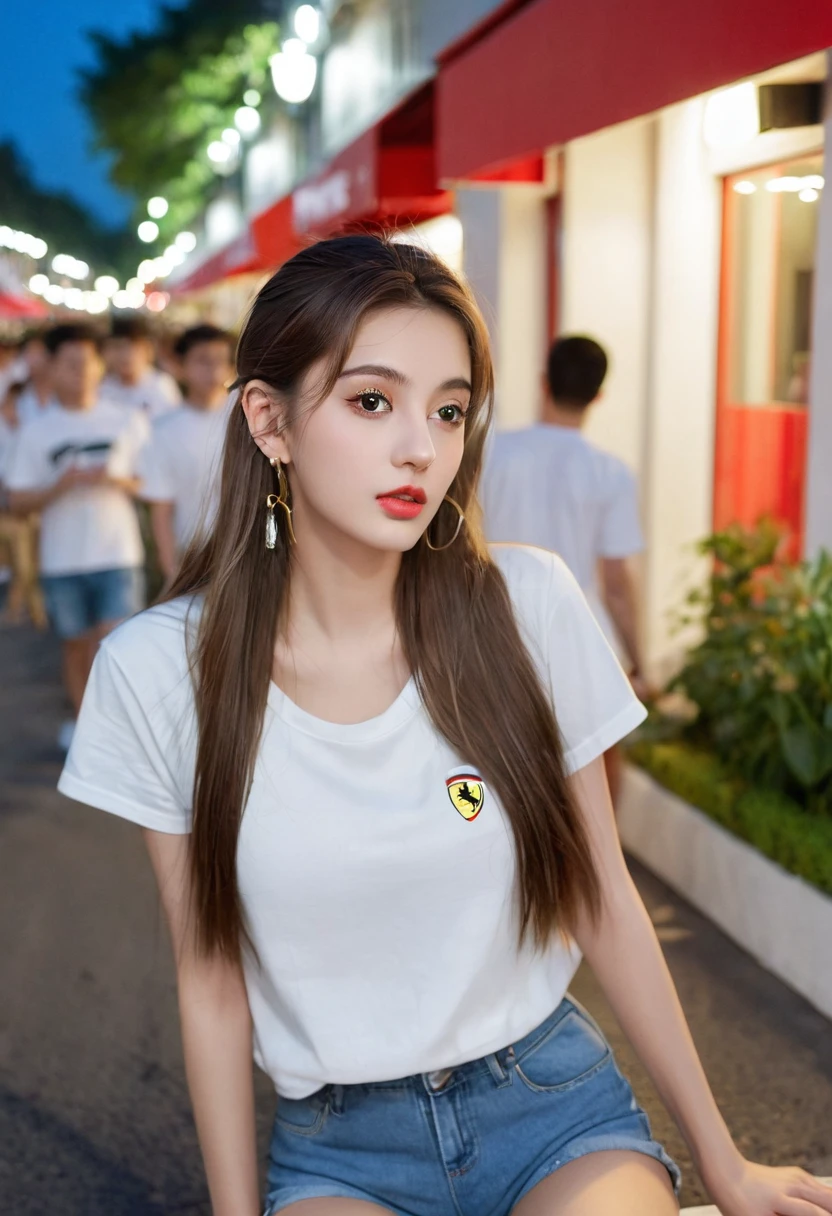 Top quality, masterpiece, Ultra HD, (real: 1.4), original photo, (Street at night), 1 girl, black eyes, Looking at the audience, Long hair, Light makeup, Lips, Small ears, White T-shirt, Denim shorts, earrings, Seated Ferrari,, Slim, Neat, garden