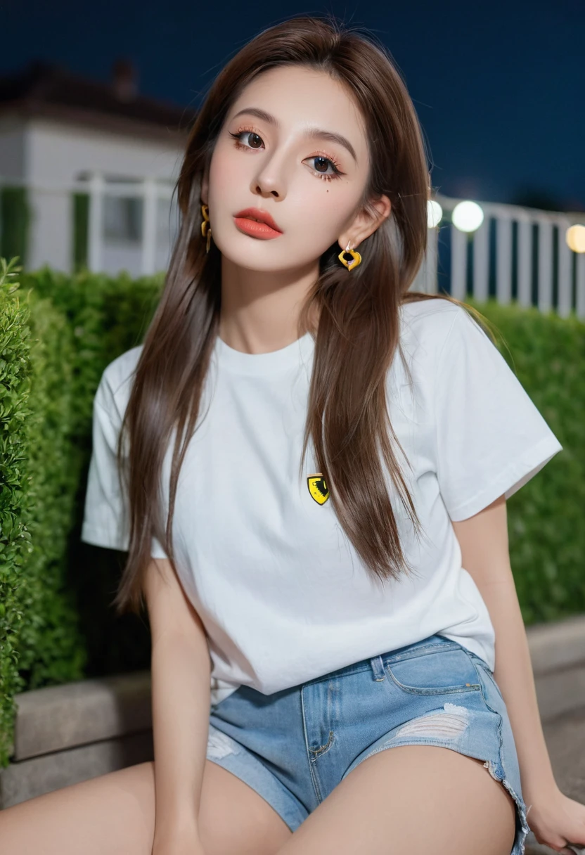 Top quality, masterpiece, Ultra HD, (real: 1.4), original photo, (Street at night), 1 girl, black eyes, Looking at the audience, Long hair, Light makeup, Lips, Small ears, White T-shirt, Denim shorts, earrings, Seated Ferrari,, Slim, Neat, garden