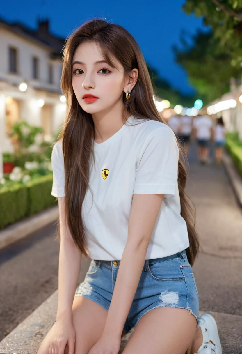 Top quality, masterpiece, Ultra HD, (real: 1.4), original photo, (Street at night), 1 girl, black eyes, Looking at the audience, Long hair, Light makeup, Lips, Small ears, White T-shirt, Denim shorts, earrings, Seated Ferrari,, Slim, Neat, garden