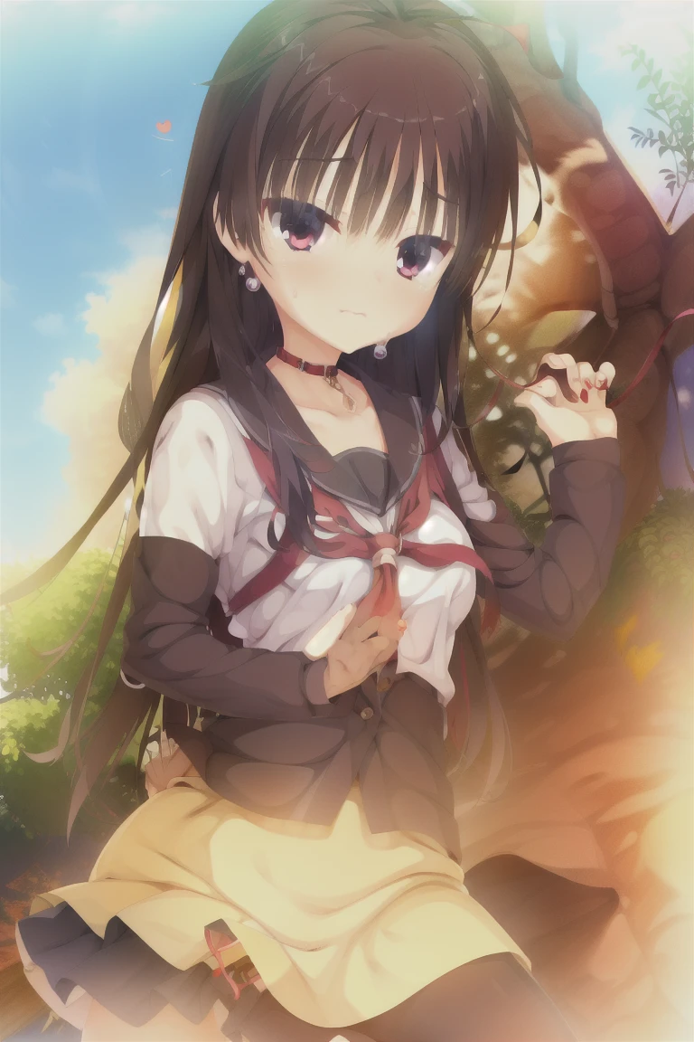 1girl,bangs,brown_hair,long_hair,black_skirt,blush,skirt,neckerchief,sweat,Sweatdrop,breasts,heart,jewelry,eyebrows_ass visible_through_hair,red_eyes,looking_at_viewer,twintails,small_breasts,school_uniform,serafuku,独奏_focus,hair_between_eyes,nail_polish,earrings,collar,chain,shirt,pleated_skirt,short_sleeves,holding,collarbone,wavy_mouth,piercing,sailor_collar,Fingernails,black_shirt,sparkle,ass pov,out_of_frame,red_neckwear,hands_up,closed_mouth,leash,blurry,depth_of_field,glint,black_serafuku,flying_Sweatdrops,white_sailor_collar,ass pov_hands,animal_collar,viewer_holding_leash,red_collar,black_nails,blurry_foreground,holding_chain,holding_leash,expensive_solve, clear_image, expensive_Contrast, 8k, Sparkling, beautiful_detailed_face_and_eye,白 eye,