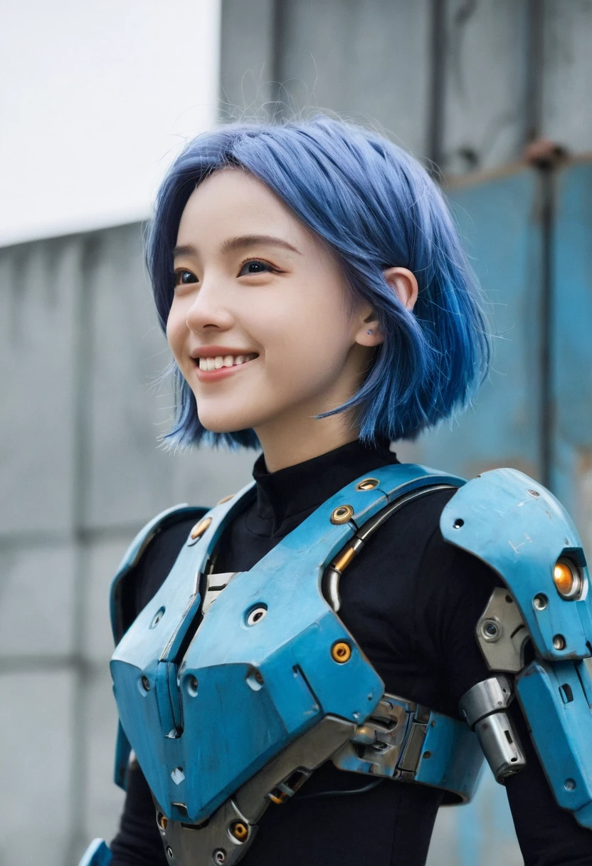 Mechanical, mecha, one person, solo, short hair, profile, upper body, sci-fi, smile, blue hair, (headgear:1), technical background,