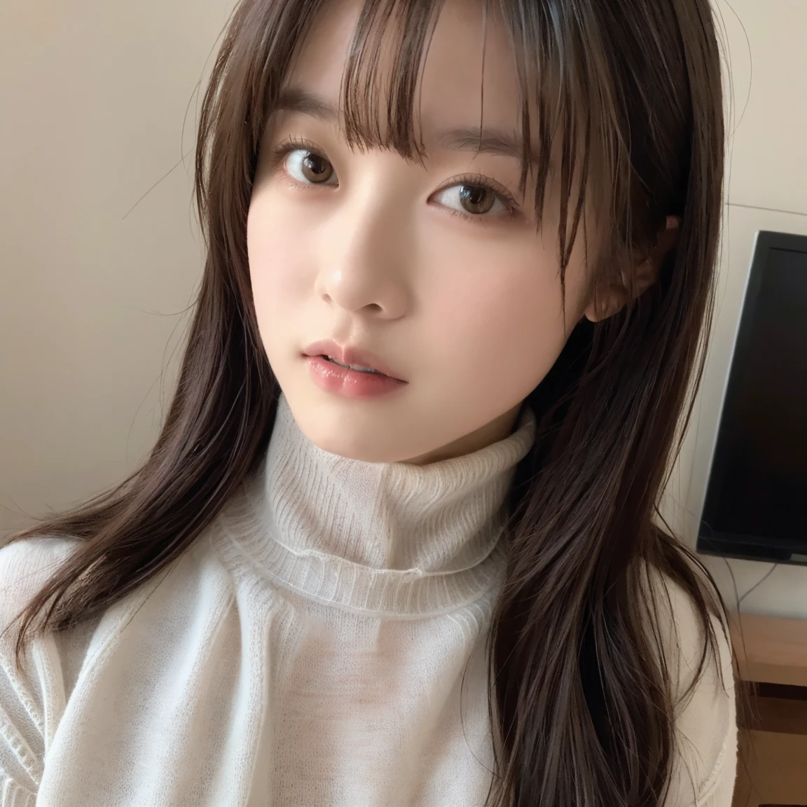 (8k, best quality, masterpiece, ultra high res, highly detail face:1.3), 1girl, (black straight hair:1), (long hair:1.4), Ba ngs , (skinny:1.2), (japanese face:1.3),,BREAK,(Calvin Klein Underwear clothes:1.5), (turtleneck knit sweater:1.5), (knit stockings), fro m front,Inside the room