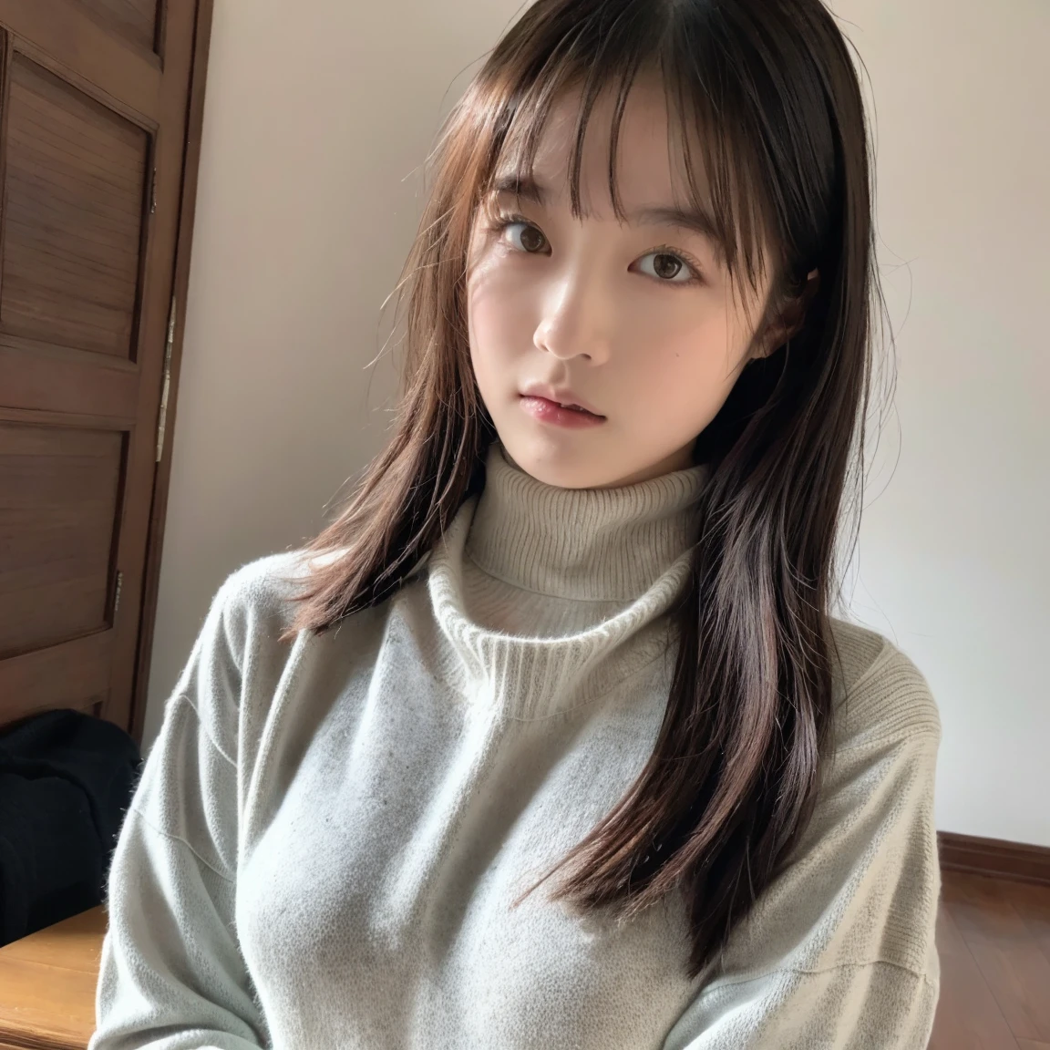 (8k, best quality, masterpiece, ultra high res, highly detail face:1.3), 1girl, (black straight hair:1), (long hair:1.4), Ba ngs , (skinny:1.2), (japanese face:1.3),,BREAK,(Calvin Klein Underwear clothes:1.5), (turtleneck knit sweater:1.5), (knit stockings), fro m front,Inside the room