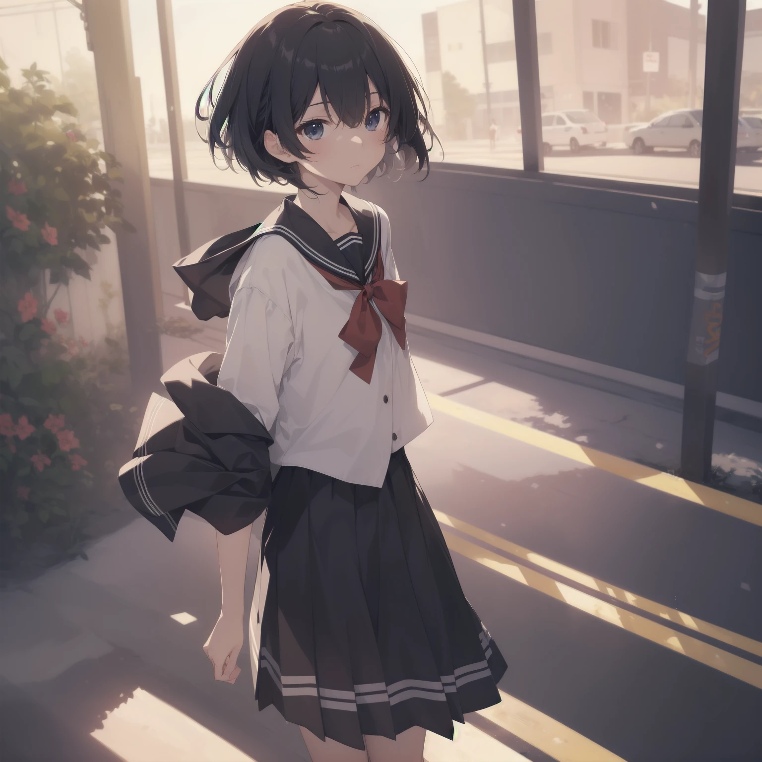 ultra-absurdres-Top quality by artist God, ultra-detailed, high resolution, anime moe artstyle, best anime 8k konachan wallpaper, pixiv contest winner, pool:2810, perfect anatomy,break, 1girl, (Please draw a girl walking sleepily to school alone. )break,(Solo,little female, 13-year-old:1.3),Full limbs, complete fingers,a junior high school student, (very short hair), short cut, flat chest, , small butt, small black eyes, beautiful detailed eyes, well-proportioned iris and pupils, expressive eyes, highres detailed hair, soft expression, salor school_uniform, sailor collar, serahuku, bow, pleated skirt,(Detailed Lighting), (Detailed background), in the School commute route. break,super detailed skin, Best cinematic lighting powered by famous artist, 8k,beauty illustration,photoshop_(medium),very aesthetic,break,((artist:beni_shake )), artist:clamp ,artist:carnelian ,artist:kantoku ,
