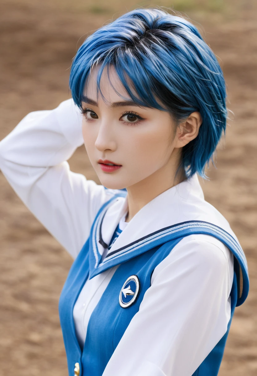 (masterpiece), (best quality), realistic, cinematic light, Mizuno Ami, Sailor Mercury, stand, battlefield background, perfect body, blue hair, uniform  